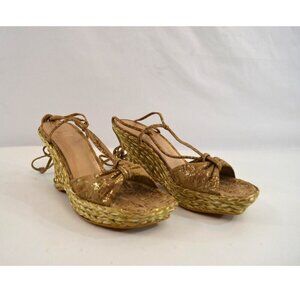 Stuart Weitzman Espadrilles Size 9.5S Strappy Open Toe Wedge Sandals Shiny